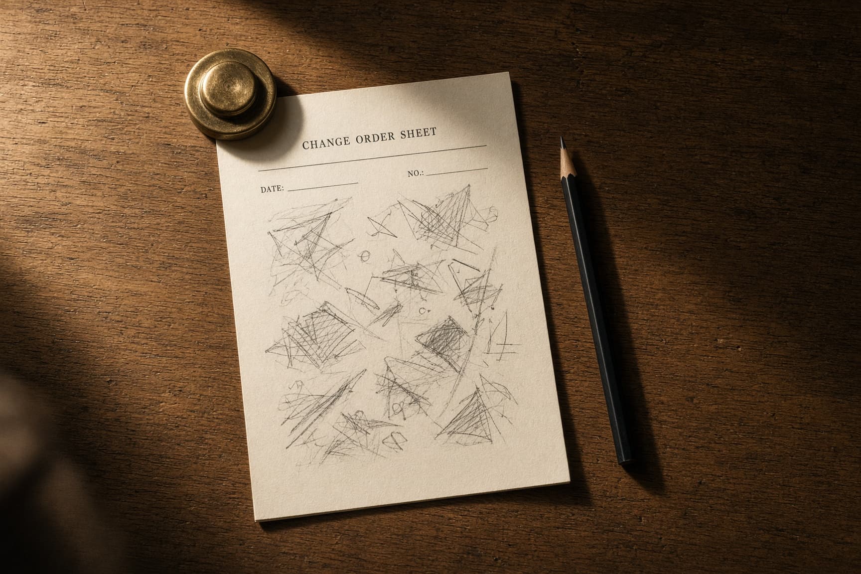 A change-order sheet under a brass paperweight on an oak desk.