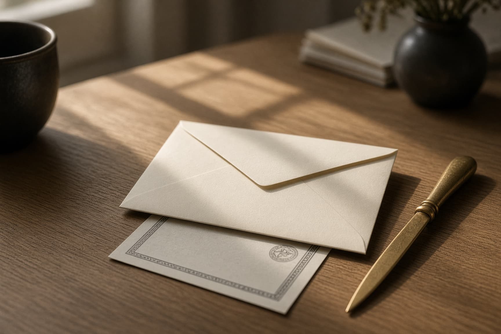 A cream envelope and brass letter opener on an oak desk.