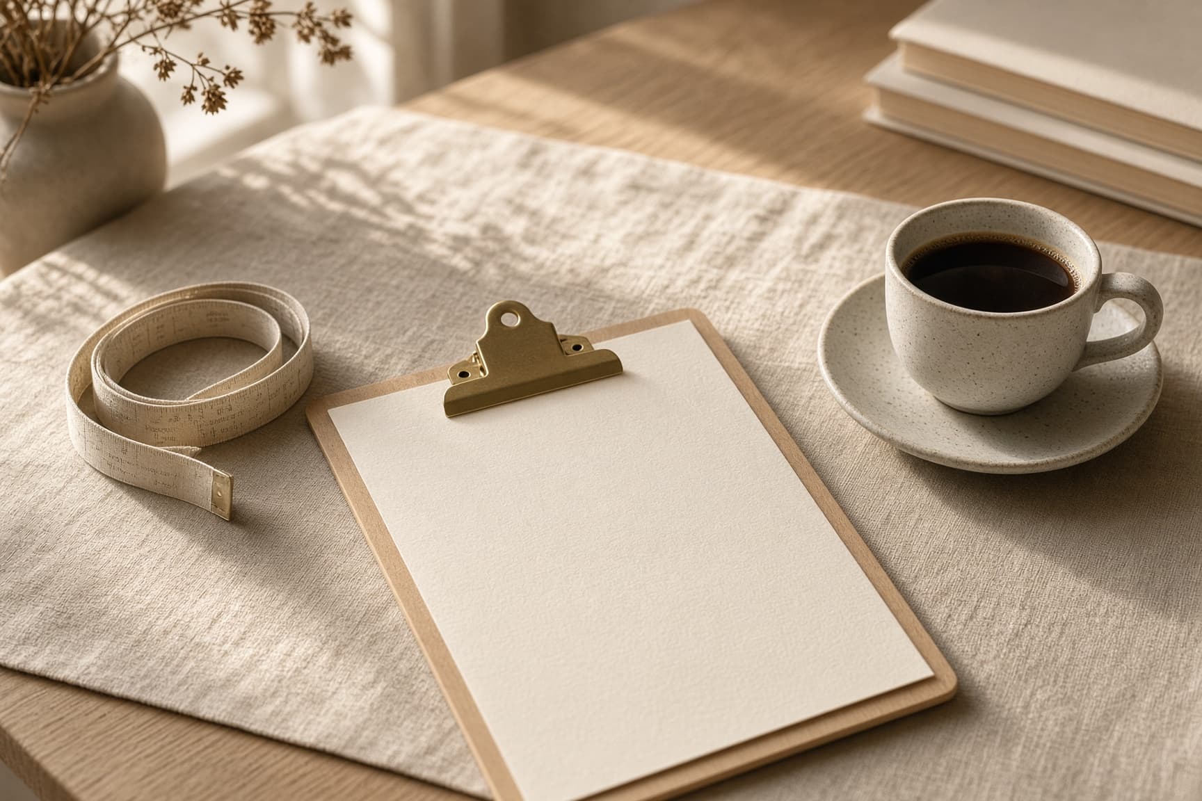 A clipboard and cream paper on a linen-covered oak desk.