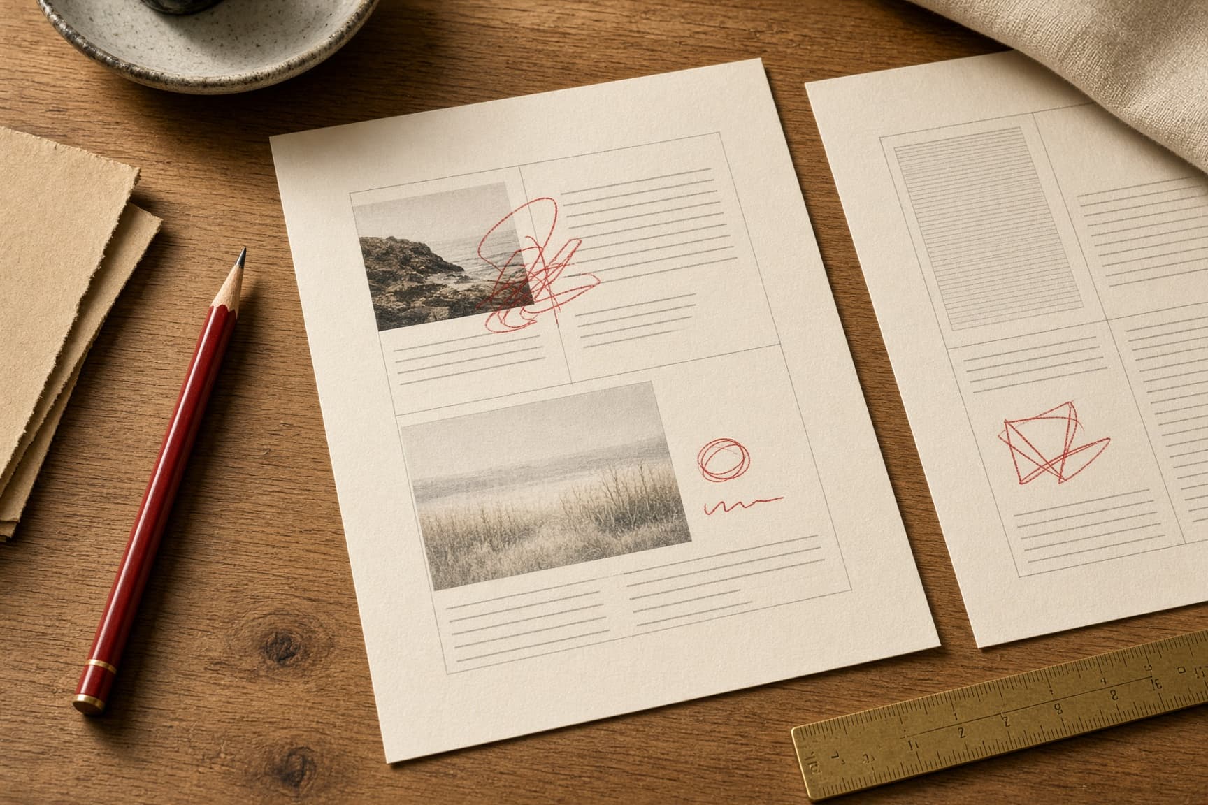 Marked-up prints on an oak desk with a red pencil and a brass ruler.